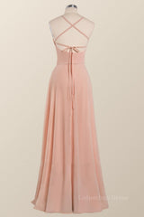Princess Pink Straps Chiffon A-line Long Corset Bridesmaid Dress outfit, Formal Dress Off The Shoulder