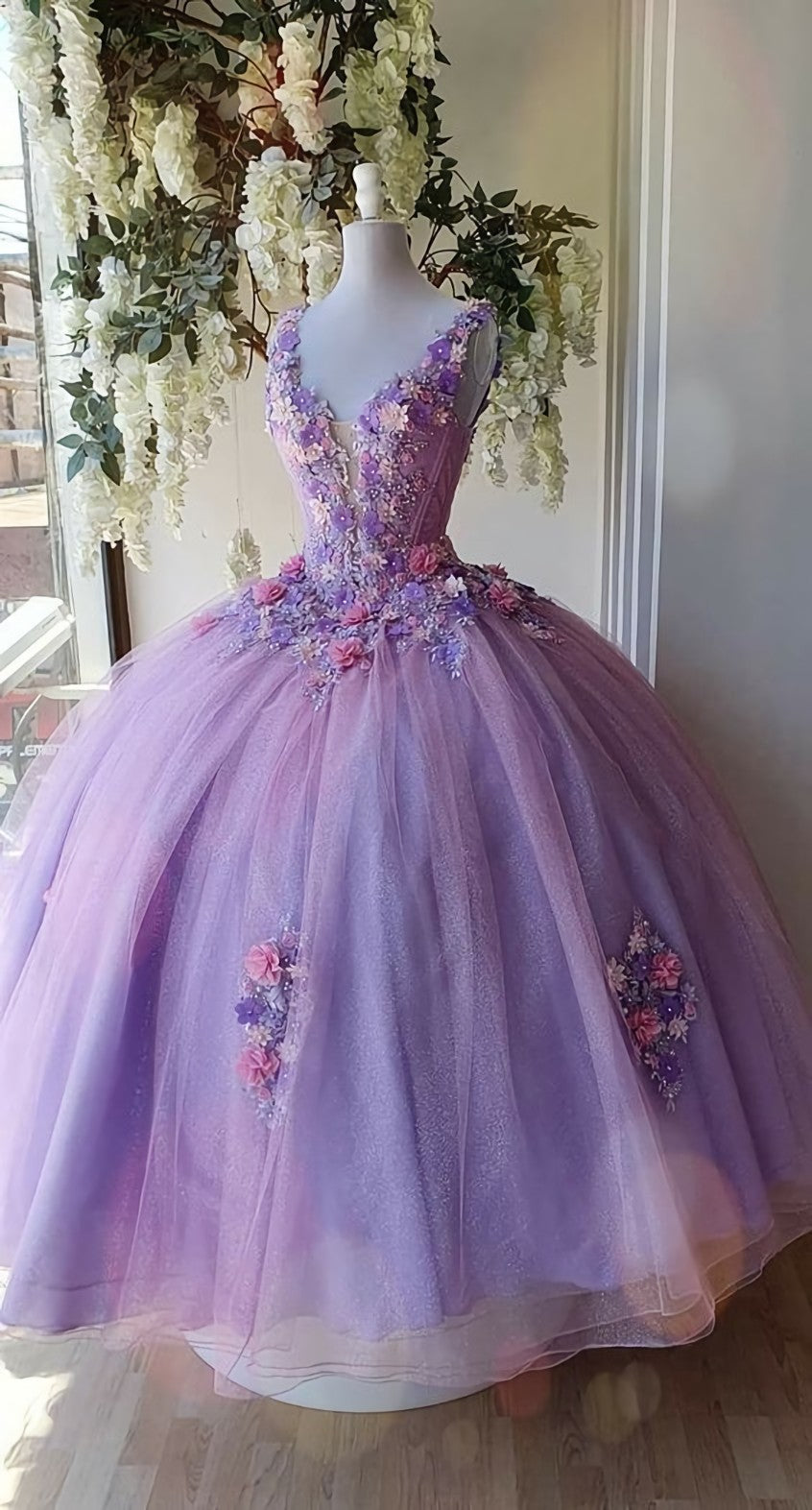 Princess Tulle Long Corset Prom Dress with Flower,Ball Gowns Quinceanera Dresses outfit, Bachelorette Party Theme