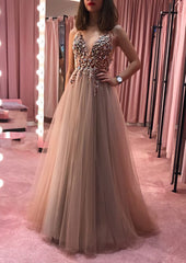 Princess V Neck Court Train Tulle Corset Prom Dress With Appliqued Beading outfit, Party Dress Shiny