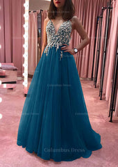 Princess V Neck Court Train Tulle Corset Prom Dress With Appliqued Beading outfit, Party Dress Roman