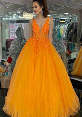 Princess V Neck Long/Floor-Length Tulle Corset Prom Dress With Appliqued Gowns, Formal Dresses Shops