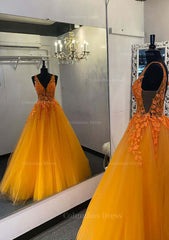 Princess V Neck Long/Floor-Length Tulle Corset Prom Dress With Appliqued Gowns, Formal Dress Shop