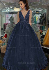 Princess V Neck Long/Floor-Length Tulle Corset Prom Dress With Appliqued Gowns, Formal Dress Shops