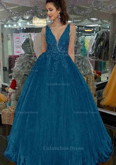 Princess V Neck Long/Floor-Length Tulle Corset Prom Dress With Appliqued Gowns, Formal Dresses Shop