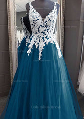 Princess V Neck Long/Floor-Length Tulle Corset Prom Dress With Appliqued Lace outfit, Bridesmaids Dresses Colorful