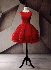 Red Round Neckline Layers Short Corset Prom Dress, Red Lace Corset Homecoming Dress outfit, Bow Dress