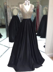 Elegant A-Line/Princess Satin Black Beaded V Neck 2024 Corset Prom Dresses outfit, Bridesmaid Dress On Sale