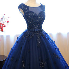 Navy Blue Tulle Cap Sleeves Quinceanera Dresses, Blue Beaded Corset Ball Gown Party Dress Outfits, Formal Dress Short