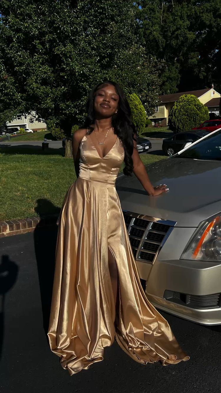 A Line V Neck Gold Corset Prom Dresses, Sleeveless Satin Long Corset Prom Dress outfits, A Line V Neck Gold Prom Dresses