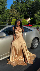 A Line V Neck Gold Corset Prom Dresses, Sleeveless Satin Long Corset Prom Dress outfits, A Line V Neck Gold Prom Dresses