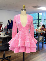 Pink Cocktail Dresses A-Line V-Neck Long Sleeve Shiny Sequin Corset Homecoming Dresses outfit, Party Dresses Mini