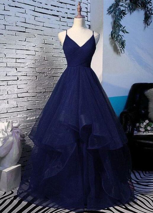 Pretty Navy Blue Corset Prom Dresses, Tulle Straps Long Corset Prom Dress outfits, Pretty Navy Blue Prom Dresses