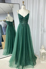 A-line Hunter Green Corset Prom Dresses, Applique Straps Tulle Long Corset Prom Dress outfits, A-line Hunter Green Prom Dresses