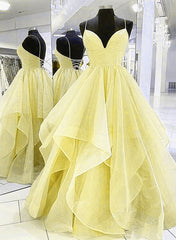 Light Yellow Tulle Straps Long Corset Prom Gown, Lace-Up Tulle Evening Dresses outfit, Formal Dresses Outfit