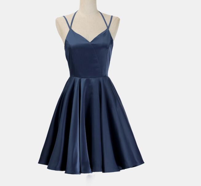 Lovely Short Straps Halter Navy Blue Summer Women in Stock Corset Homecoming Dresses outfit, Party Dresses For Wedding