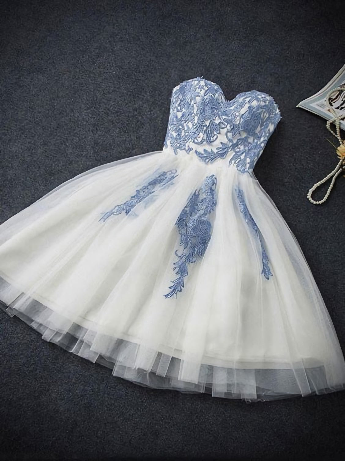 A Line Strapless Cute Sweetheart Short Ivory Hoco Short Corset Prom Dresses outfit, Prom Dresses Tulle