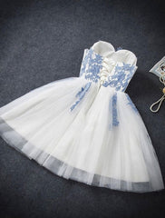 A Line Strapless Cute Sweetheart Short Ivory Hoco Short Corset Prom Dresses outfit, Prom Dress Blue