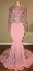 Shiny Pink Backless Beaded Long Sleeves Mermaid Corset Prom Dresses_Sexy Pink Corset Prom Gowns outfits, Simple Wedding Dress