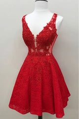 Cute Red Lace Appliques Short V Neck Sleeveless Mini Dc14 Corset Prom Dresses outfit, Prom Dress Designer