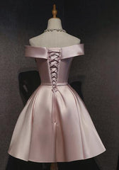Pink Satin Off Shoulder Cute 2024 Pink Corset Homecoming Dresses outfit, Party Dresses Casual