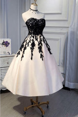 Ankle Length Strapless with Black Lace A Line Princess Corset Homecoming Dresses outfit, Navy Blue Dress