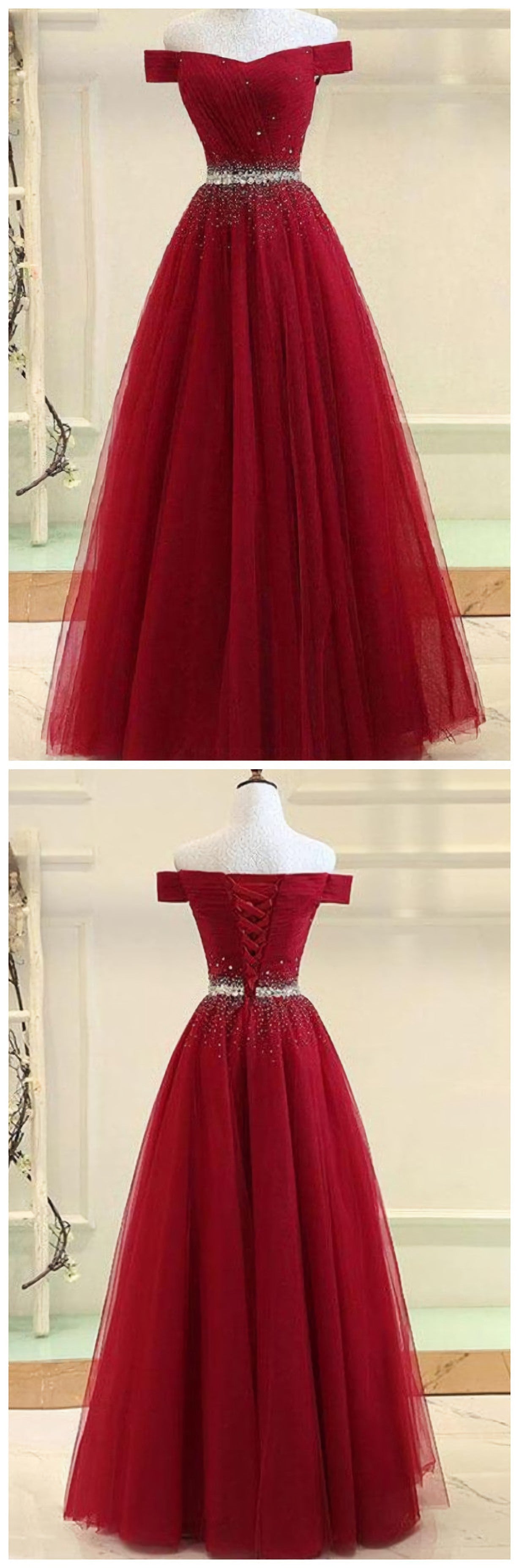 A Line Burgundy Off The Shoulder Lace Up Tulle Sweetheart Long Corset Prom Dresses outfit, Formal Dress Websites