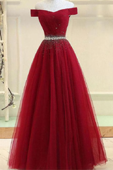 A Line Burgundy Off The Shoulder Lace Up Tulle Sweetheart Long Corset Prom Dresses outfit, Formal Dress Website