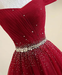 A Line Burgundy Off The Shoulder Lace Up Tulle Sweetheart Long Corset Prom Dresses outfit, Formal Dresses Website