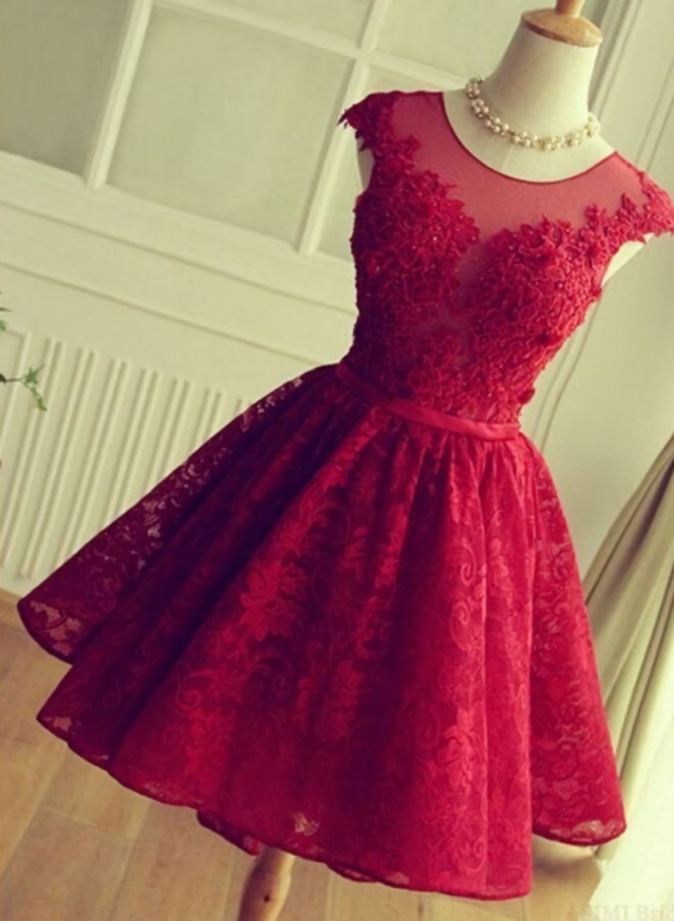 A Line Crew Cap Sleeves Red Lace Corset Homecoming Dress With Appliques Gowns, Evening Dress Sleeves