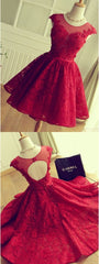A Line Crew Cap Sleeves Red Lace Corset Homecoming Dress With Appliques Gowns, Evening Dress Open Back