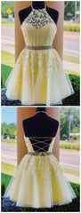 Charming A-Line Halter Cross Back Yellow Tulle Short with Appliques Corset Homecoming Dresses outfit, Black Gown