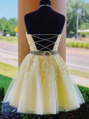 Charming A-Line Halter Cross Back Yellow Tulle Short with Appliques Corset Homecoming Dresses outfit, Light Blue Dress