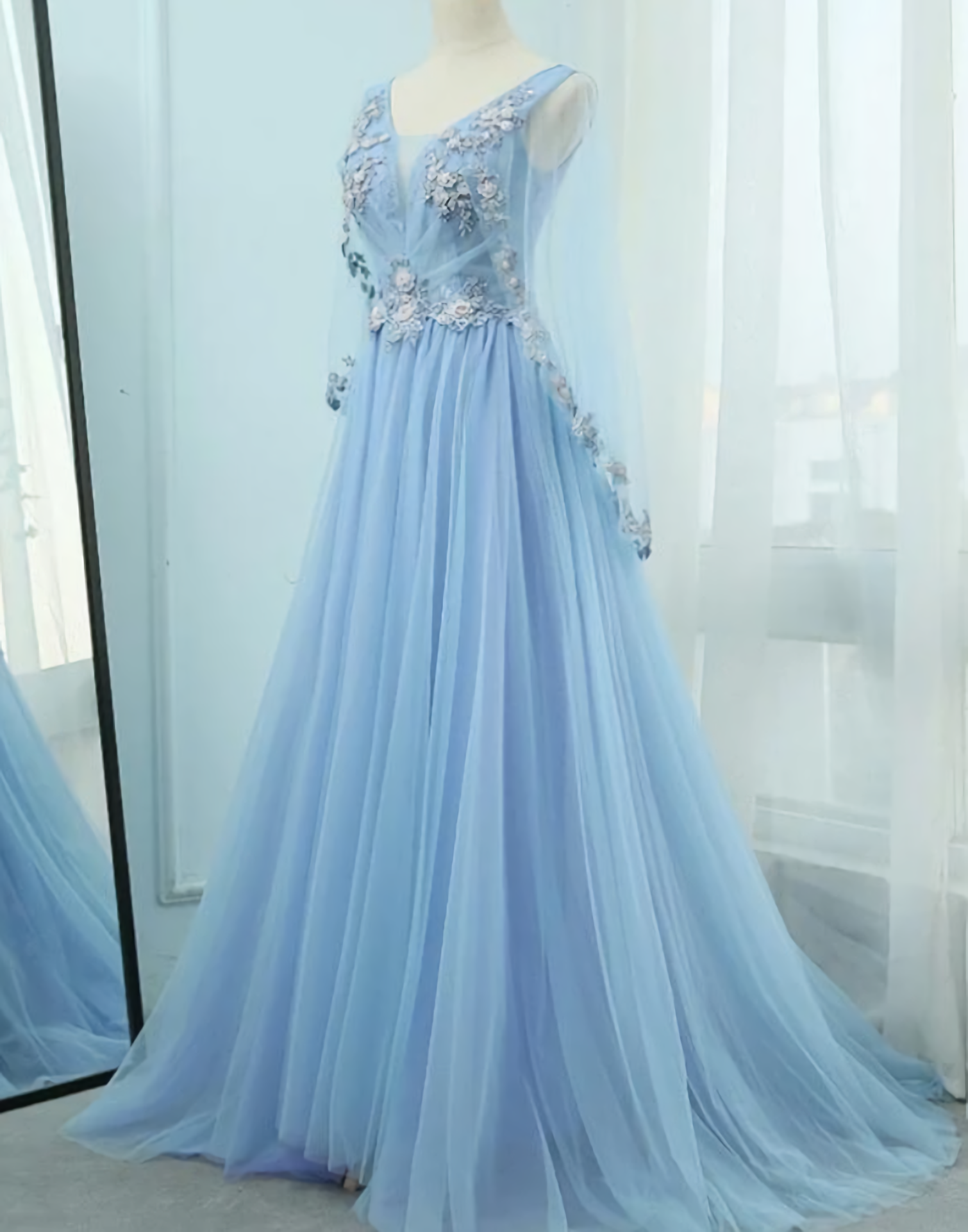 Beautiful Tulle Light Blue Floor Length Corset Prom Dress, New Party Dress Outfits, Evening Dresses Long Sleeve