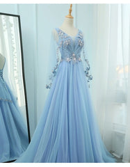 Beautiful Tulle Light Blue Floor Length Corset Prom Dress, New Party Dress Outfits, Evening Dress Long Sleeve