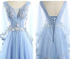 Beautiful Tulle Light Blue Floor Length Corset Prom Dress, New Party Dress Outfits, Evening Dresses 3 27 Sleeve