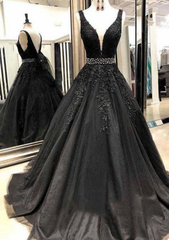 Black Appliques Corset Prom Dress With Beaded Waist A Line Tulle Long Graduation Dresses outfit, Evening Dress With Sleeves Uk