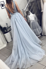 Light Blue A Line V Neck Backless Beaded Top Tulle Long Corset Prom Dress, Backless Light Blue Corset Formal Dresses, Evening Dresses outfit, Bridesmaid Dress Convertible