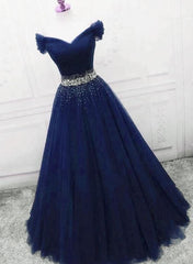 Dark Blue Beaded Tulle A Line Party Dress, Long Corset Prom Dress outfits, Bridesmaid Dresses