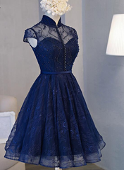Beautiful Navy Blue Knee Length Lace Party Dress, Corset Homecoming Dress outfit, Bridesmaides Dresses Blue
