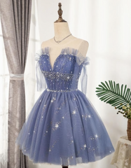 Flowy Cute A Line Blue Corset Homecoming Dresses, Short Beading outfit, Evening Dress Modest