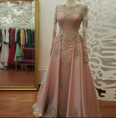 Modest Blush Pink Corset Prom Dresses, African Long Sleeve Lace Appliques Beads Arabia Evening Party Gowns Vestidos De Fiesta Custom Made outfits, Champagne Prom Dress