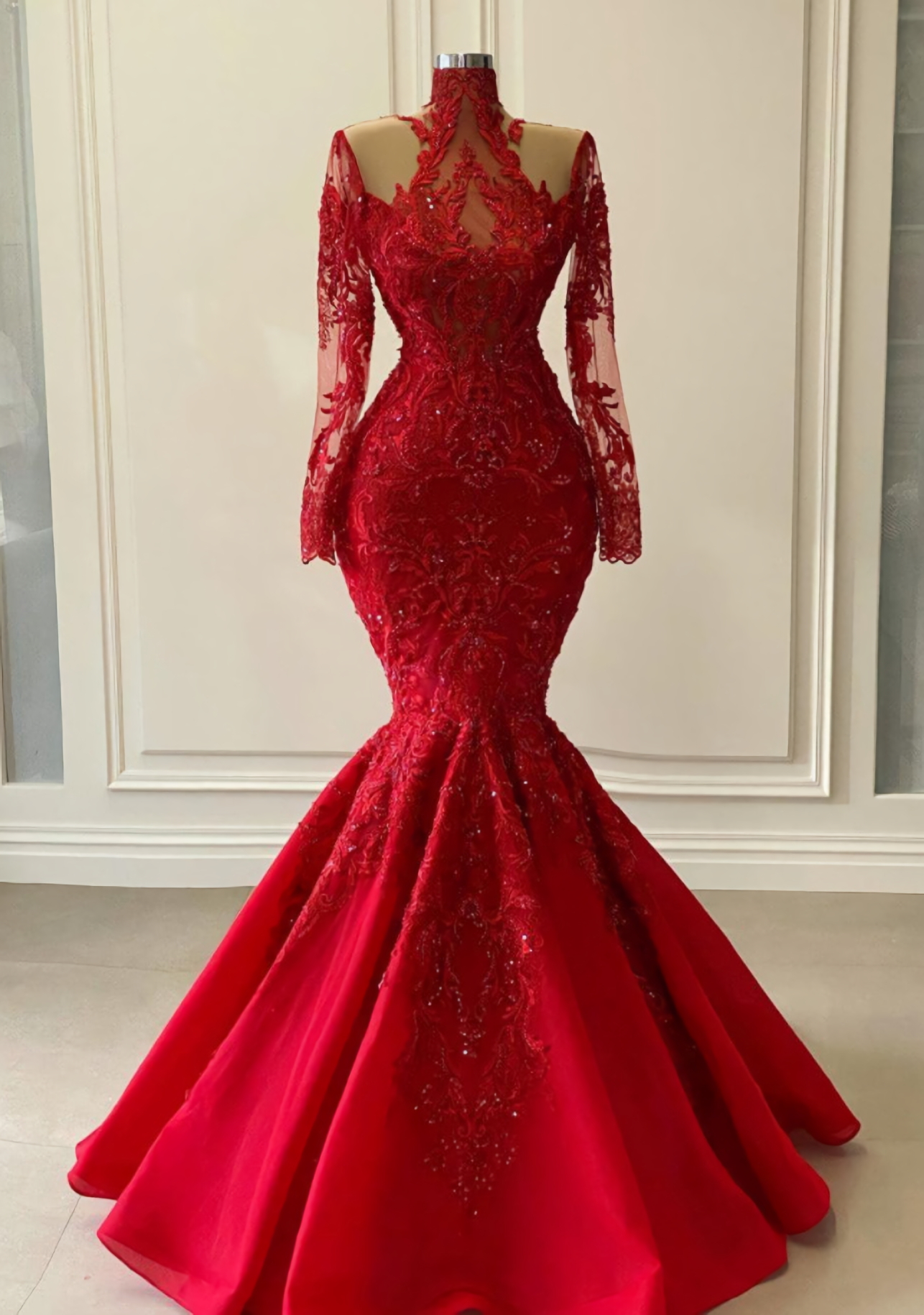Arabic Aso Ebi Red Luxurious Lace Beaded Evening Dresses, Mermaid Long Sleeves Corset Prom Dresses, Vintage Corset Formal Party Second Reception Gowns outfits, Mafia Dress