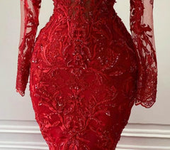 Arabic Aso Ebi Red Luxurious Lace Beaded Evening Dresses, Mermaid Long Sleeves Corset Prom Dresses, Vintage Corset Formal Party Second Reception Gowns outfits, Engagement Dress