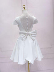 White V Neck Satin Lace Short Corset Prom Dress, White Corset Homecoming Dress outfit, Bridesmaid Dresses Dark