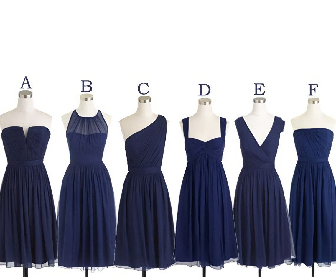 Short Navy Blue Chiffon Mismatch Maid Of Honor Girls Group In Knee Length Simple Corset Prom Dresses outfit, Prom Dress Cute