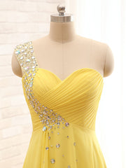 Elegant One Shoulder Yellow Chiffon Beaded Pleat Long Corset Bridesmaid Dresses outfit, Wedding Dress Guest