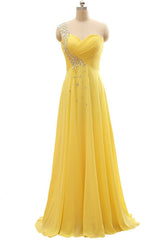 Elegant One Shoulder Yellow Chiffon Beaded Pleat Long Corset Bridesmaid Dresses outfit, Short Dress Style
