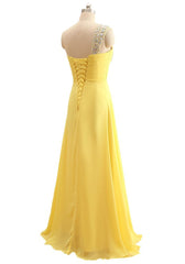 Elegant One Shoulder Yellow Chiffon Beaded Pleat Long Corset Bridesmaid Dresses outfit, Women Dress