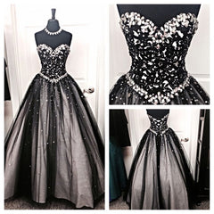 Black White Tulle Long Sweetheart Beaded Bodice For Teens Juniors Corset Prom Dresses outfit, Prom Dress 2037