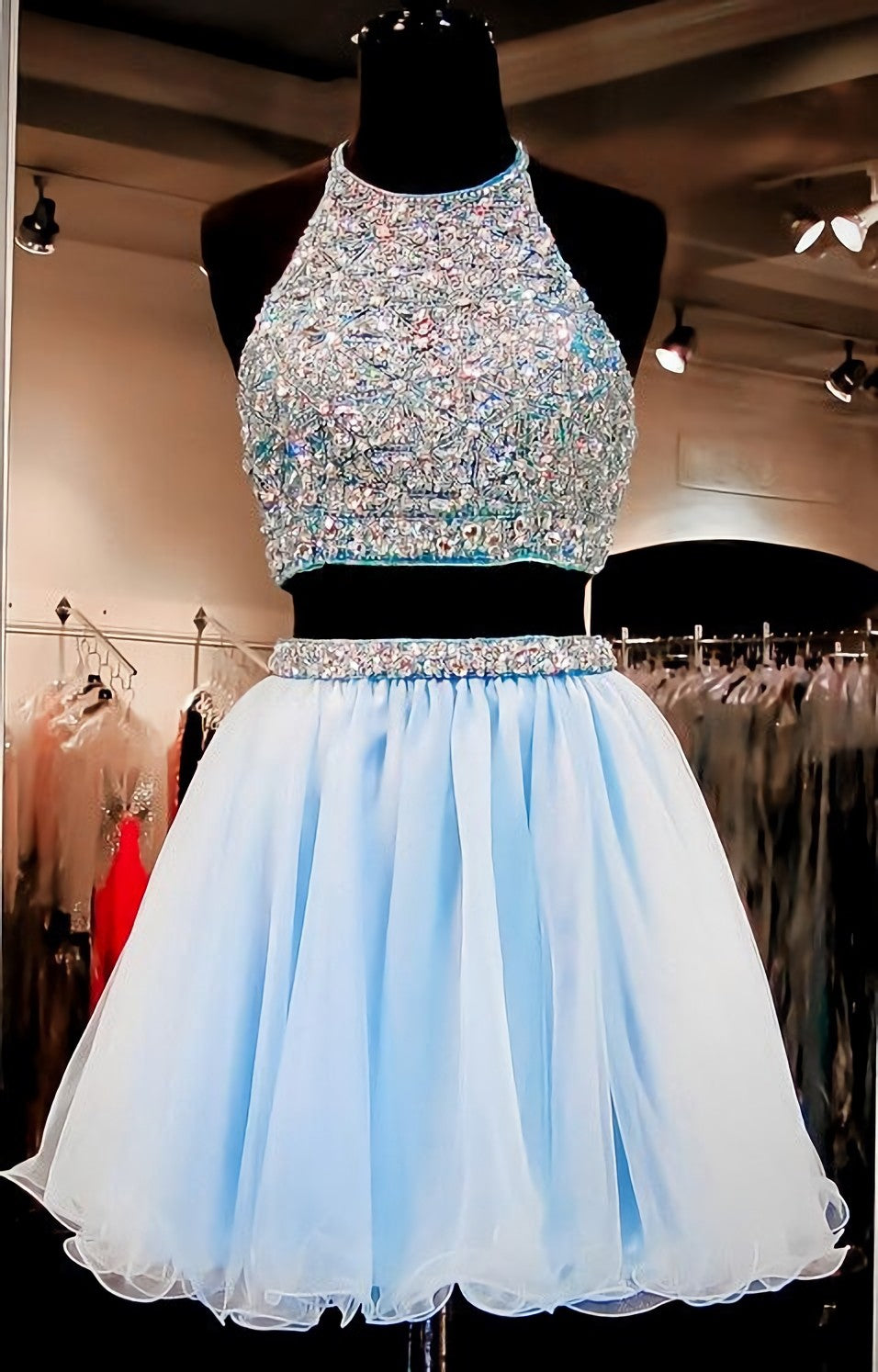 2024 Beautiful Short Two Pieces Light Sky Blue Halter Open Back For Teens Corset Prom Dresses outfit, Prom Dress Website